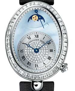 Reine de Naples Power Reserve in White Gold with Baguette Diamonds on Black Satin Strap with Blue MOP and Pave Diamond Dial