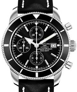 Superocean Heritage 46mm Chronograph in Steel on Black Calfskin Leather Strap with Black Dial