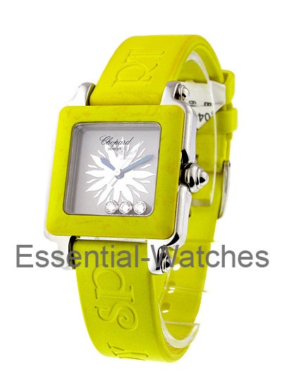 Chopard Happy Sport Square in Steel with Yellow Bezel and Three Floating Diamonds