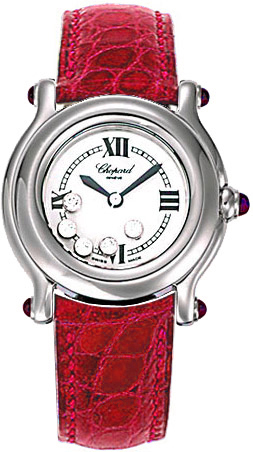 Happy Sport Round in Steel on Red Crocodile Leather Strap with White Dial