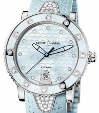 Lady Marine Diver 40mm Automatic in Steel with Diamonds Bezel on Blue Rubber Strap with Blue MOP Dial