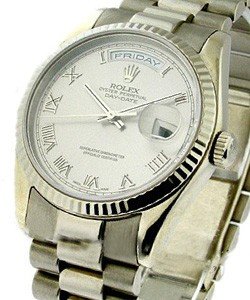 Day Date 36mm President in White Gold with Fluted Bezel on President Bracelet with Silver Roman Dial