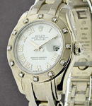 Masterpiece 29mm in White Gold with 12 Diamond Bezel on Pearl Master Bracelet with White MOP Roman Dial