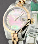 Ladies Datejust 26mm in Steel with Rose Gold Fluted Bezel on 2 Tone Jubilee Bracelet with Black MOP Roman Dial