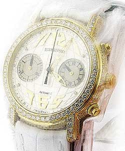 Jules Audemars Globe Chronograph in Yellow Gold with Diamond Bezel on White Alligator Leather Strap with Silver Dial