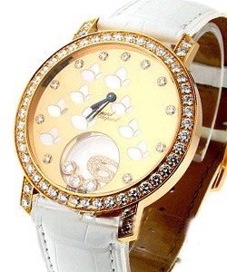 Happy Sport Round Rose Gold with Diamond Bezel on White Leather Strap with Rose Gold Diamonds Dial