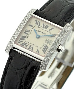 Tank Francaise Mid-size with Diamond Bezel White Gold on Strap with Silver Dial