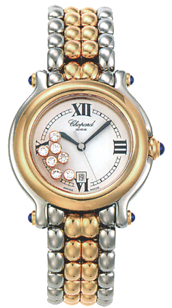 Happy Sport 32mm in Steel with Yellow Gold Bezel on Steel/Yellow Gold Bracelet with White Dial-7 Floating Dimonds