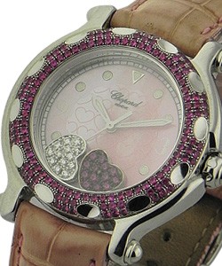 Happy Hearts with Ruby Bezel Steel on Strap with Pink MOP Dial
