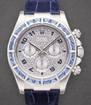 Custom Daytona  in White Gold with Sapphire Baguette Bezel   on Blue Crocodile Leather Strap with Custom Pave Diamond Dial