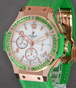 Big Bang Tutti Frutti Apple 41mm in Rose Gold with Green Baguette Daimond Bezel on Green Crocodile Leather Strap with White Dial