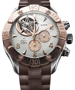 Defy Classic Tourbillon in Steel with Rose Gold on Brown Rubber Strap with Silver Dial