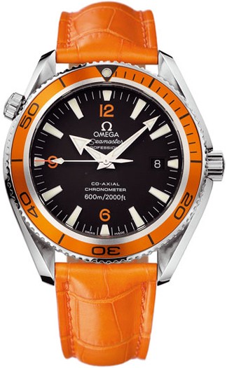 Planet Ocean 600 M Omega Co-Axial in Steel with Orange Bezel on Orange Alligator Leather Strap with Back Dial