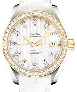 Aqua Terra Ladies in Steel with Yellow Gold Diamond Bezel on White Alligator Leather Strap with MOP Diamond Dial