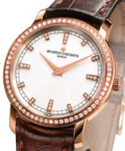 Patrimony Traditionnelle in Rose Gold with Diamond Bezel on Brown Leather Strap with Silver Diamond Dial