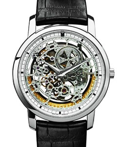 Patrimony Traditionnelle Automatic in White Gold on Black Crocodile Strap with Skeleton Dial
