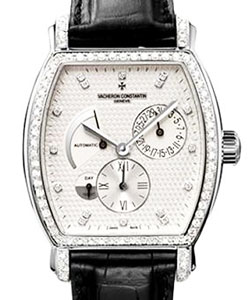 Malte Tonneau Dual Time in White Gold with Diamond Bezel on Black Crocodile Leather  Strap with Silver Dial