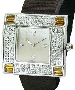 Lady's Myriade Jeweled White Gold with Diamond Bezel on Black Satin Strap with White MOP Dial