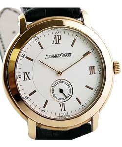 Jules Audemars 36mm in Rose Gold on Black Leather Strap with Silver Dial