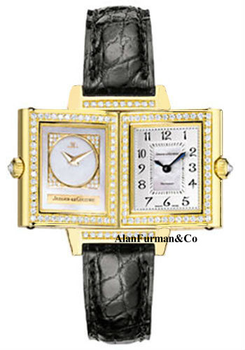 Reverso Duetto in Yellow Gold with Diamond Bezel on Black Alligator Leather Strap with Silver Dial
