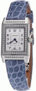 Reverso Duetto Joaillerie in White Gold with Diamonds Bezel on Blue Crocodile Leather Strap with Silver Dial