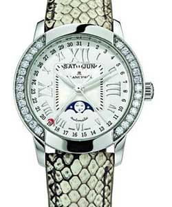 Leman Moon Phase Complete Calendar 34mm Autoamatic in White Gold with Diamonds Bezel on Python/ Satin Strap with White MOP Dial