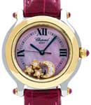 Happy Sport Moon Stars in Steel with Yellow Gold Bezel on Pink Crocodile Leather Strap with Pink MOP Dial - Floated Moon & Stars