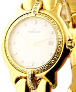 Pulchra Large in Yellow Gold with Diamond Bezel on Yellow Gold Diamond Bracelet with White MOP Dial