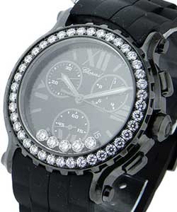 Happy Sport in Black Ceramic, Steel and White Gold with Diamond Bezel on Black Rubber Bracelet with Black Dial