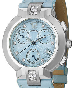 La Scala Round Chronograph in Steel and Diamond on Light Blue Alligator Leather Strap with Blue Diamond Dial