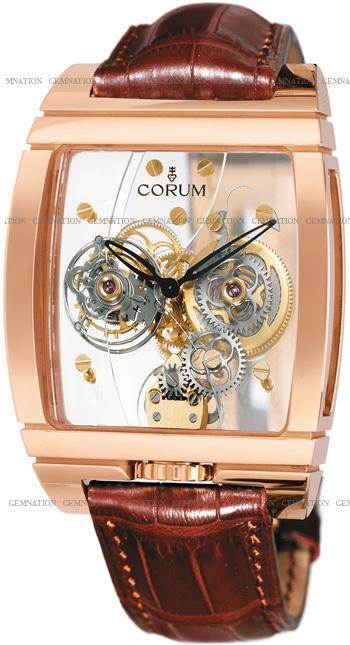 Golden Tourbillon Panoramique in Rose Gold on Brown Crocodile Leather Strap with Transparent Dial
