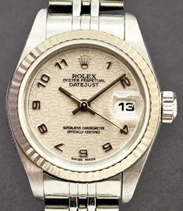Lady's Datejust in Steel with White Gold Fluted Bezel on Steel Jubilee Bracelet with Ivory Arabic Jubilee Dial
