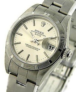 Lady''s Date in Steel with Engine Bezel on Oyster Steel Bracelet with Silver Stick Dial
