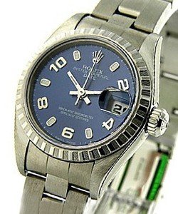 Lady''s Date in Steel with Engine Bezel on Steel Oyster Bracelet with Blue Stick Dial