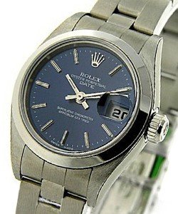 Lady's DATE in Steel with Smooth Bezel on Oyster Steel Bracelet with Blue Stick Dial