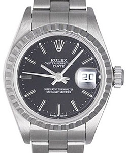 Lady''s Date in Steel with Engine Bezel on Steel Oyster  Bracelet with Black Stick Dial