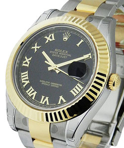 Datejust II in Steel with Yellow Gold Fluted Bezel on Oyster Bracelet with Black Roman Dial