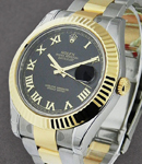 Datejust II in Steel with Yellow Gold Fluted Bezel on Oyster Bracelet with Black Roman Dial