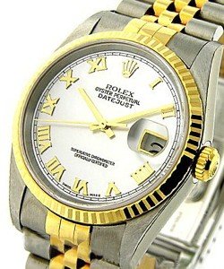 Datejust 36mm in Steel with Yellow Gold Fluted Bezel on Jubilee Bracelet with Mother of Pearl Roman Dial