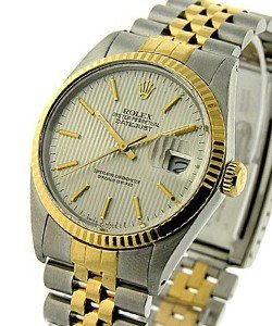 2-Tone Datejust 36mm with Yellow Gold Fluted Bezel on Jubilee Bracelet with Silver Tapistry Dial