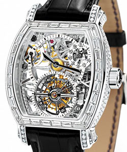 Malte Tonneau Openworked Tourbillon Platinum with Diamond Bezel on Black Leather Strap with Skeleton Dial