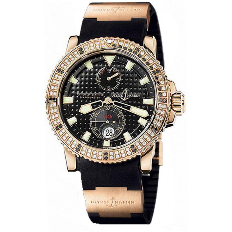 Maxi Marine Diver in Rose Gold with Diamond Bezel On Black Rubber Strap with Black Dial
