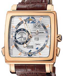 Quadrato Dual Time Perpetual in Rose Gold on Brown Crocodile Leather Strap with Silver Dial
