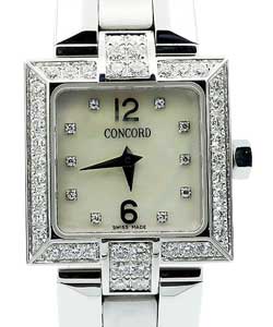 La Scala Square in White Gold with Diamond Bezel on White Gold Bracelet with Mother of Pearl Dial