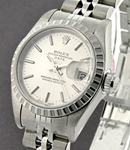 Ladies Date 26mm in Steel with Engine Turn Bezel on Jubilee Bracelet with Silver Stick Dial