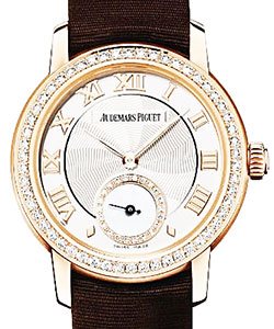 Ladies Jules Audemars Ladies in Rose Gold with Diamond Bezel on Brown Satin Strap with Silver Dial