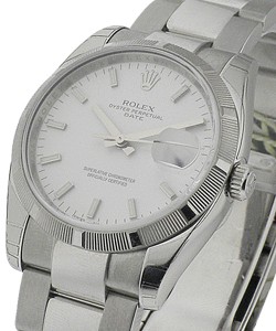 Date 34mm in Steel with Engine Turned Bezel on Steel Oyster Bracelet with White Stick Dial