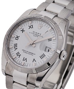Date 34mm in Steel with Engine Turned Bezel on Steel Oyster Bracelet with White Roman Dial