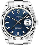34mm Date in Steel with White Gold Fluted Bezel on Steel Oyster Bracelet with Blue Stick Dial