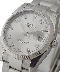Date 34mm in Steel with Fluted Bezel on Bracelet with Silver Diamond Dial